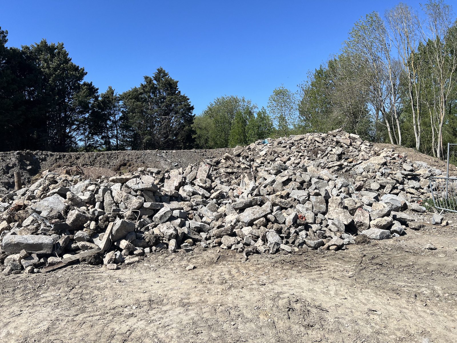 Segregated stockpile of clean concrete and stone from demolition on a Coventry site